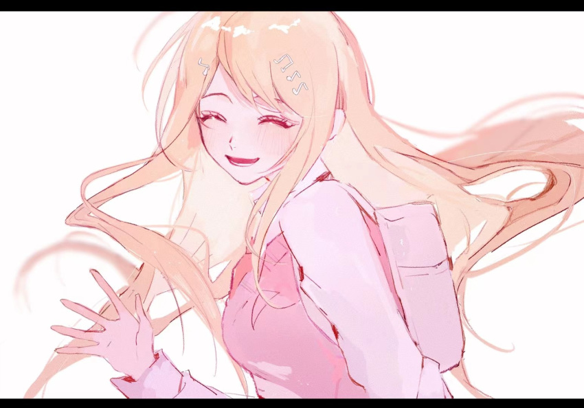 1girl akamatsu_kaede arm_at_side backpack bag bangs blonde_hair blush breasts closed_eyes danganronpa_(series) danganronpa_v3:_killing_harmony facing_viewer floating_hair from_side hair_ornament hand_up large_breasts letterboxed long_hair long_sleeves lower_teeth musical_note_hair_ornament necktie open_mouth pink_vest randoseru shi_xu_jiu_zhou shiny shiny_hair shirt smile solo upper_body vest white_shirt