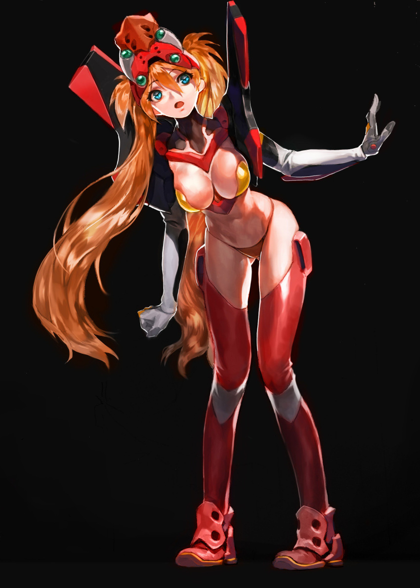 1girl absurdres alternate_hairstyle arm_up black_background blue_eyes breasts cleavage eva_02 full_body gloves hair_between_eyes hand_up highres large_breasts leaning_to_the_side long_hair navel neon_genesis_evangelion open_mouth orange_hair rebuild_of_evangelion red_legwear simple_background solo souryuu_asuka_langley standing thighhighs twintails very_long_hair yd_(orange_maru)