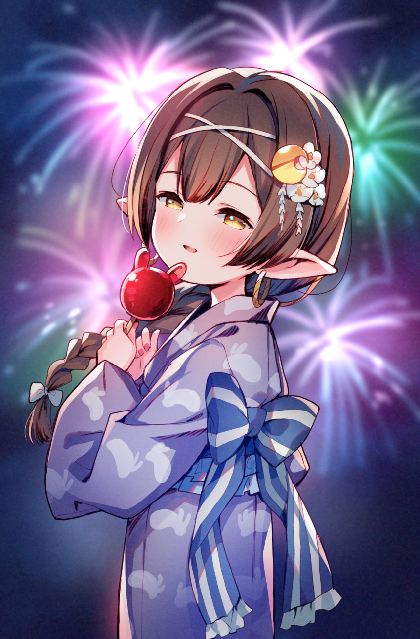 1girl aerial_fireworks alternate_costume bangs blue_kimono blurry blurry_background blush bow braid brown_hair crescent crescent_hair_ornament depth_of_field earrings fireworks flower food from_side granblue_fantasy haaselia hair_flower hair_ornament half-closed_eyes hands_up harvin highres holding holding_food hoop_earrings japanese_clothes jewelry kimono long_hair long_sleeves looking_at_viewer looking_to_the_side meito_(maze) nail_polish obi parted_lips pink_nails pointy_ears print_kimono sash single_braid smile solo striped striped_bow very_long_hair white_flower wide_sleeves yellow_eyes