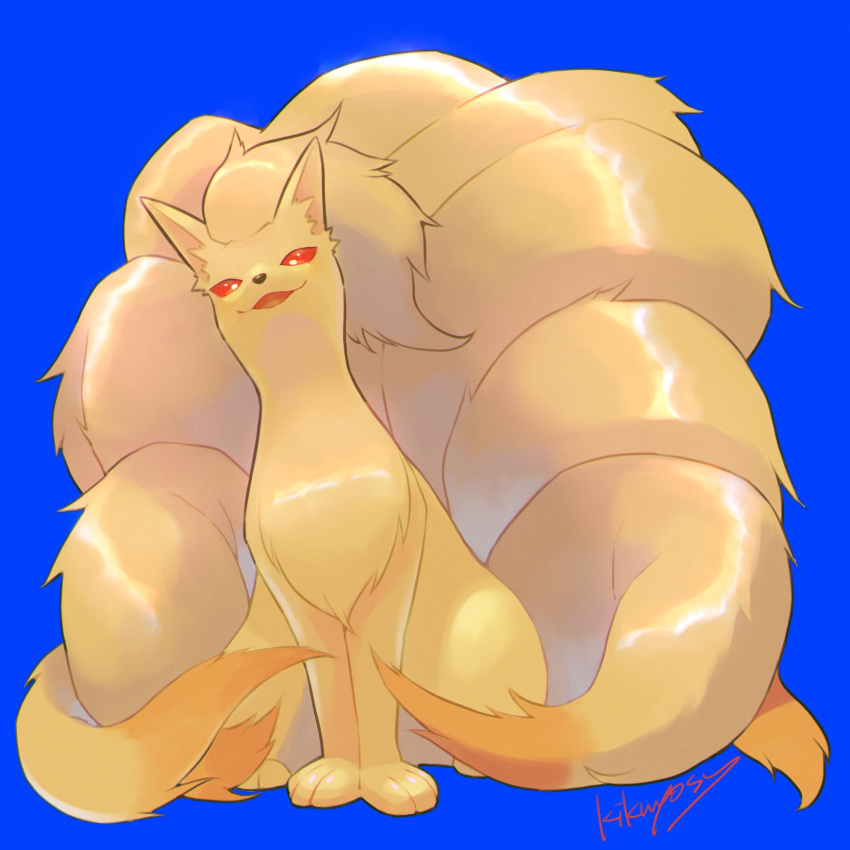 blue_background commentary_request full_body gen_1_pokemon highres kikuyoshi_(tracco) looking_at_viewer ninetales no_humans open_mouth pokemon pokemon_(creature) red_eyes shiny signature simple_background sitting smile solo toes tongue