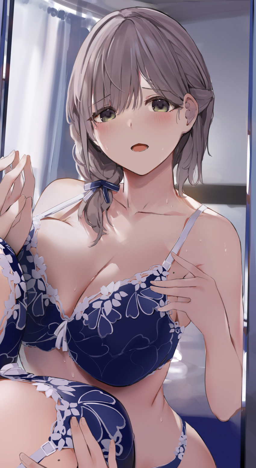 1girl blue_bra blue_ribbon blush bra braid breast_press breasts cleavage eyebrows_visible_through_hair female_pov green_eyes grey_hair hair_ribbon highres hololive indoors large_breasts looking_at_viewer mirror mole mole_on_breast niii_(memstapak) open_mouth pov reflection ribbon shirogane_noel single_braid solo sweat underwear virtual_youtuber