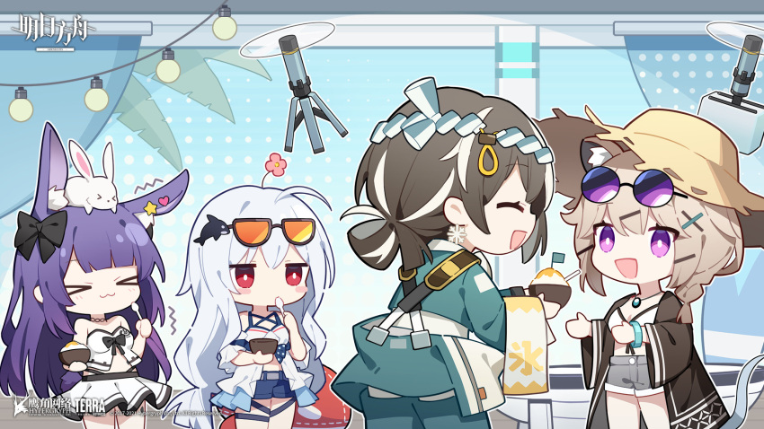 &gt;_&lt; 4girls :3 animal_ears animal_on_head arknights black_bow black_coat blue_shorts blush_stickers bow bowl braid brown_hair bunny bunny_on_head chibi chinese_commentary closed_eyes coat commentary_request copyright_name drone eating extra_ears eyewear_on_head flower flower_on_head food grey_shorts hair_bow hair_ornament hairclip hanging_light hat highres holding holding_bowl holding_spoon ice_cream light_bulb low_twintails magallan_(arknights) magallan_(shaved-ice_memories)_(arknights) multicolored_hair multiple_girls official_alternate_costume official_art on_head open_clothes open_coat open_mouth purple_eyes purple_hair quan_(kurisu_tina) rabbit_ears red_eyes red_flower rope_(arknights) rope_(summer_flowers)_(arknights) shaved_ice shorts skadi_(arknights) skadi_(waverider)_(arknights) spoon streaked_hair sun_hat sunglasses swimsuit tail trembling twintails utage_(arknights) utage_(summer_flowers)_(arknights) watermark whale_hair_ornament white_hair white_swimsuit x_hair_ornament