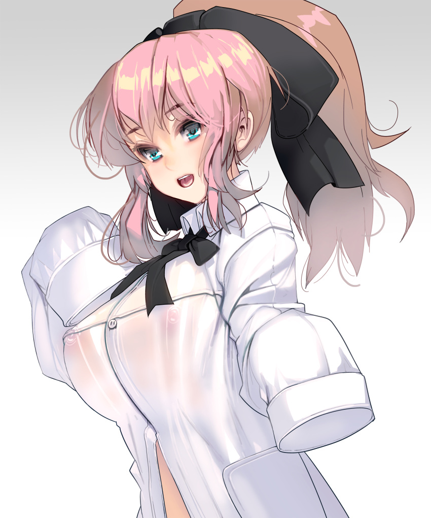 1girl absurdres bangs black_bow blue_eyes bow breasts highres huge_breasts long_hair masao nipples open_mouth original pink_hair ponytail see-through shirt sleeves_past_wrists solo upper_body white_background white_shirt