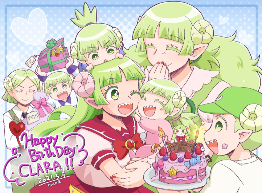3boys 4girls baby baseball_cap birthday birthday_cake birthday_party bow cake candle candy candy_cane closed_eyes covering_mouth demon_horns english_text family food gift green_hair hat heart horns looking_at_another mairimashita!_iruma-kun manaka_(pdx) multiple_boys multiple_girls one_eye_closed open_mouth pointy_ears red_nails sailor_collar school_uniform sharp_teeth smile teeth valac_clara valac_clara's_mother valac_keebow valac_konchie valac_ran_ran valac_sin_sin valac_urara