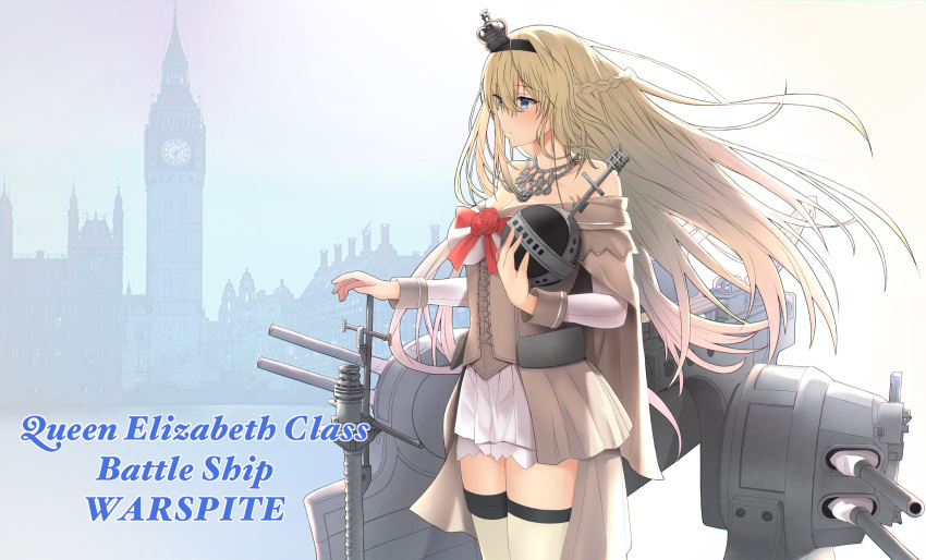 1girl blonde_hair blue_eyes braid breasts building cannon character_name corset crown dress elizabeth_tower english_text flower french_braid globus_cruciger highres kantai_collection landmark london long_hair long_sleeves medium_breasts mini_crown off-shoulder_dress off_shoulder omatu_tea_time red_flower red_ribbon red_rose ribbon rigging rose scepter solo standing thighhighs turret warspite_(kancolle) white_dress white_legwear