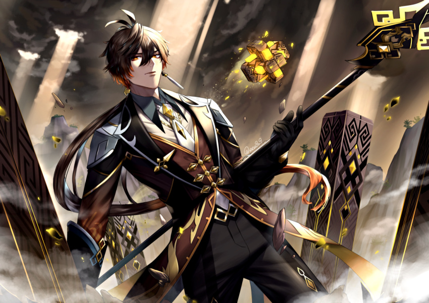 1boy bangs black_gloves brown_hair closed_mouth cloud cloudy_sky coattails collared_shirt commentary_request earrings floating floating_object floating_rock formal genshin_impact gloves gradient_hair hair_between_eyes hair_tie holding holding_polearm holding_spear holding_weapon jacket jewelry long_hair long_sleeves male_focus multicolored_hair necktie orange_hair outdoors polearm ponytail shirt single_earring sky solo spear stele suit tassel tassel_earrings vest weapon yellow_eyes zhongli_(genshin_impact) zongchun