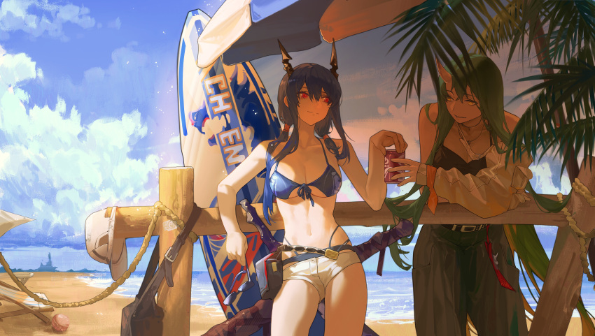 2girls absurdres arknights bag_removed beach beach_chair beach_umbrella bikini bikini_under_clothes black_skirt black_tank_top blue_bikini blue_hair blue_sky breasts can ch'en_(arknights) ch'en_the_holungday_(arknights) cloud commentary cowboy_shot dragon_horns eyewear_removed fence front-tie_top hat hat_removed headwear_removed highres holding holding_can holding_eyewear horns hoshiguma_(arknights) jacket jewelry large_breasts long_hair looking_at_another multiple_girls navel necklace no_shirt ocean oni_horns outdoors palm_tree pouch red_eyes rope sheath sheathed shorts single_horn skirt sky stomach sunglasses swimsuit sword tank_top tree twintails umbrella volleyball waves weapon white_headwear white_jacket wushier yellow_eyes