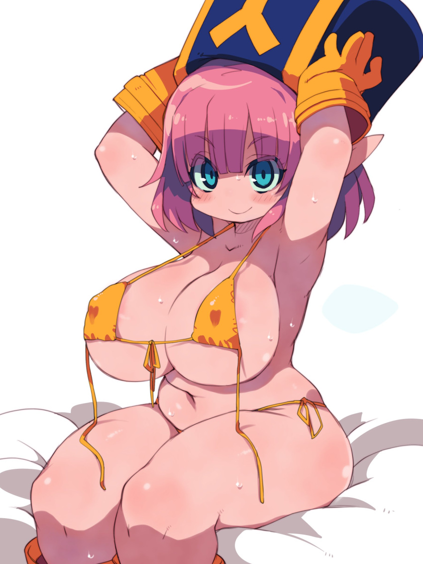 1girl absurdres areola_slip areolae armpits arms_up bangs bikini blue_eyes blue_headwear blunt_bangs blush breasts closed_mouth covered_navel covered_nipples dragon_quest dragon_quest_x elf_(dq10) eyebrows_visible_through_hair gloves hat highres huge_breasts looking_at_viewer micro_bikini pink_hair pointy_ears short_hair simple_background sitting smile solo sweat swimsuit untied untied_bikini white_background yellow_bikini yellow_gloves zankuro