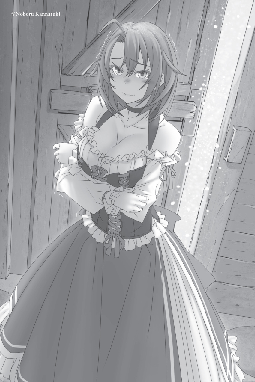 1girl ahoge artist_name bangs blush breasts bustier choker closed_mouth collarbone cow_girl_(goblin_slayer!) crossed_arms eyebrows_visible_through_hair goblin_slayer! greyscale hair_between_eyes hair_intakes highres kannatsuki_noboru large_breasts layered_skirt long_skirt long_sleeves monochrome novel_illustration off-shoulder_shirt off_shoulder official_art open_door shirt skirt snow_on_head snowing solo standing trembling