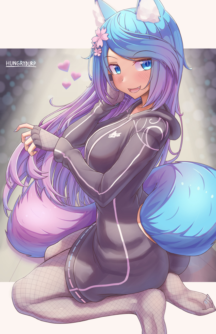 1girl absurdres album_cover animal_ear_fluff animal_ears artist_name blue_eyes blue_hair breasts commentary cover fishnet_legwear fishnets highres hungrydurp jacket long_hair no_shoes pink_hair silvervale soles tail virtual_youtuber vshojo wolf_ears wolf_girl wolf_tail