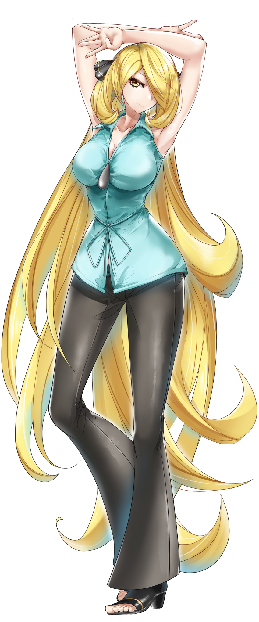 1girl absurdres arms_up blonde_hair blue_shirt breasts casul commission covered_eyes cynthia_(pokemon) full_body hair_ornament high_heels highres large_breasts long_hair pants pokemon pokemon_(anime) pokemon_bw_(anime) shirt smile solo toes white_background yellow_eyes