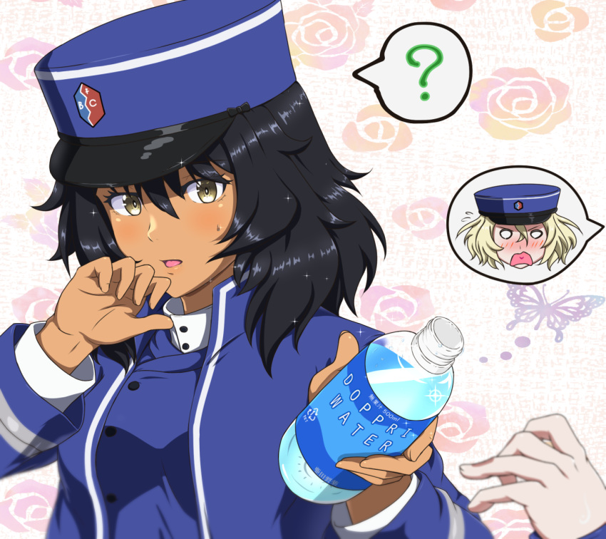 2girls ada_badguy andou_(girls_und_panzer) bangs bc_freedom_(emblem) bc_freedom_military_uniform black_hair blue_headwear blue_jacket blush bottle brown_eyes bug butterfly commentary dark-skinned_female dark_skin emblem floral_background flying_sweatdrops frown girls_und_panzer giving hat highres insect jacket kepi long_sleeves medium_hair messy_hair military military_hat military_uniform multiple_girls o_o open_mouth oshida_(girls_und_panzer) out_of_frame solo_focus sparkle speech_bubble sweatdrop uniform water_bottle wiping_mouth