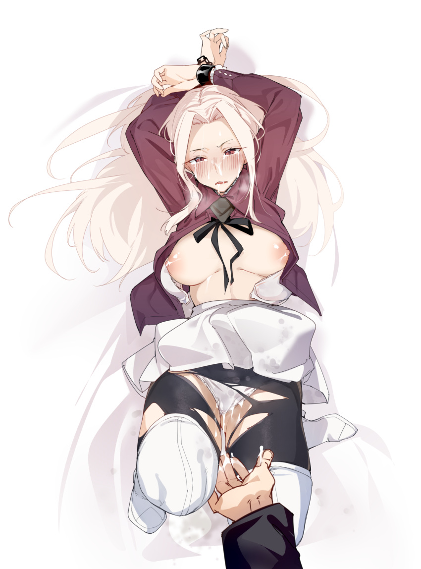 1boy 1girl black_legwear boots bound bound_wrists breasts cuffs cum cum_on_clothes cum_on_thighs emiya_kiritsugu fate/zero fate_(series) handcuffs hetero highres irisviel_von_einzbern long_hair lying medium_breasts nipples on_back open_clothes open_shirt panties pantyhose red_eyes red_shirt shirt solo_focus thigh_boots thighhighs torn_clothes torn_legwear underwear uno_ryoku white_footwear white_hair white_panties