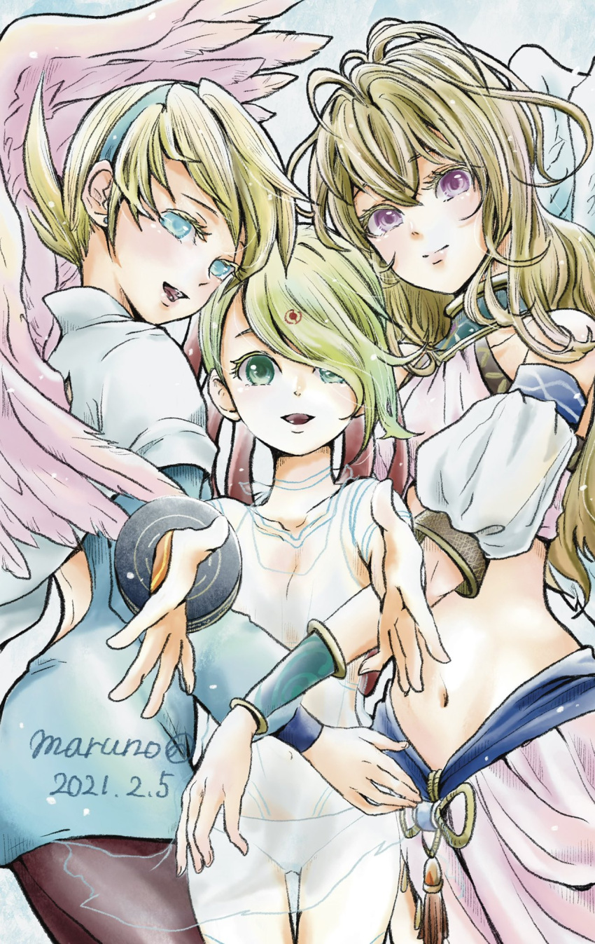 3girls blonde_hair blue_eyes breasts breath_of_fire breath_of_fire_6 breath_of_fire_iv breath_of_fire_v closed_mouth dress earrings facial_mark full-body_tattoo green_hair highres jewelry long_hair looking_at_viewer maruno multiple_girls navel nina_(breath_of_fire_6) nina_(breath_of_fire_iv) nina_(breath_of_fire_v) open_mouth panties purple_eyes red_wings see-through short_hair smile tattoo underwear white_dress wings