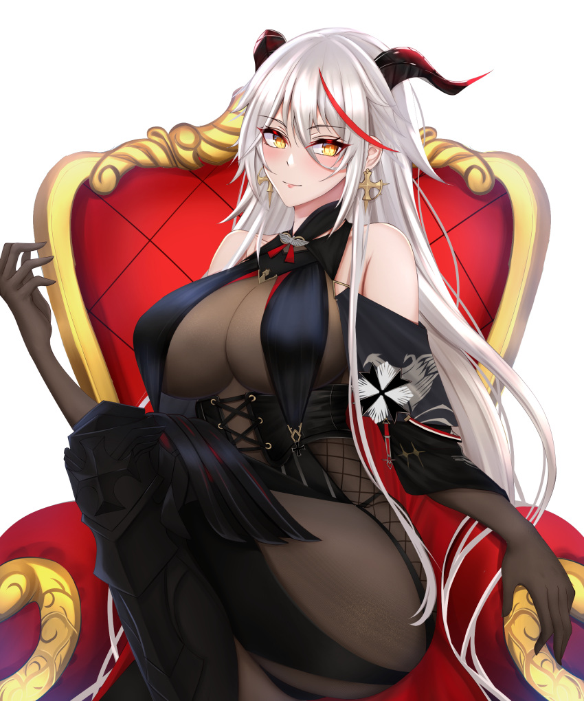 1girl absurdres aegir_(azur_lane) ass asymmetrical_footwear azur_lane bare_shoulders black_cape black_gloves black_legwear bodystocking boots breast_curtains breasts cape chair cross cross-laced_clothes cross_earrings demon_horns earrings elbow_gloves eyebrows_visible_through_hair gloves hair_between_eyes highres horns huge_breasts impossible_clothes iron_cross jewelry knee_boots long_hair looking_to_the_side multicolored_hair red_hair simple_background single_knee_boot sinorder sitting skin_tight sleeves solo streaked_hair two-tone_hair underbust uneven_footwear very_long_hair white_background white_hair yellow_eyes