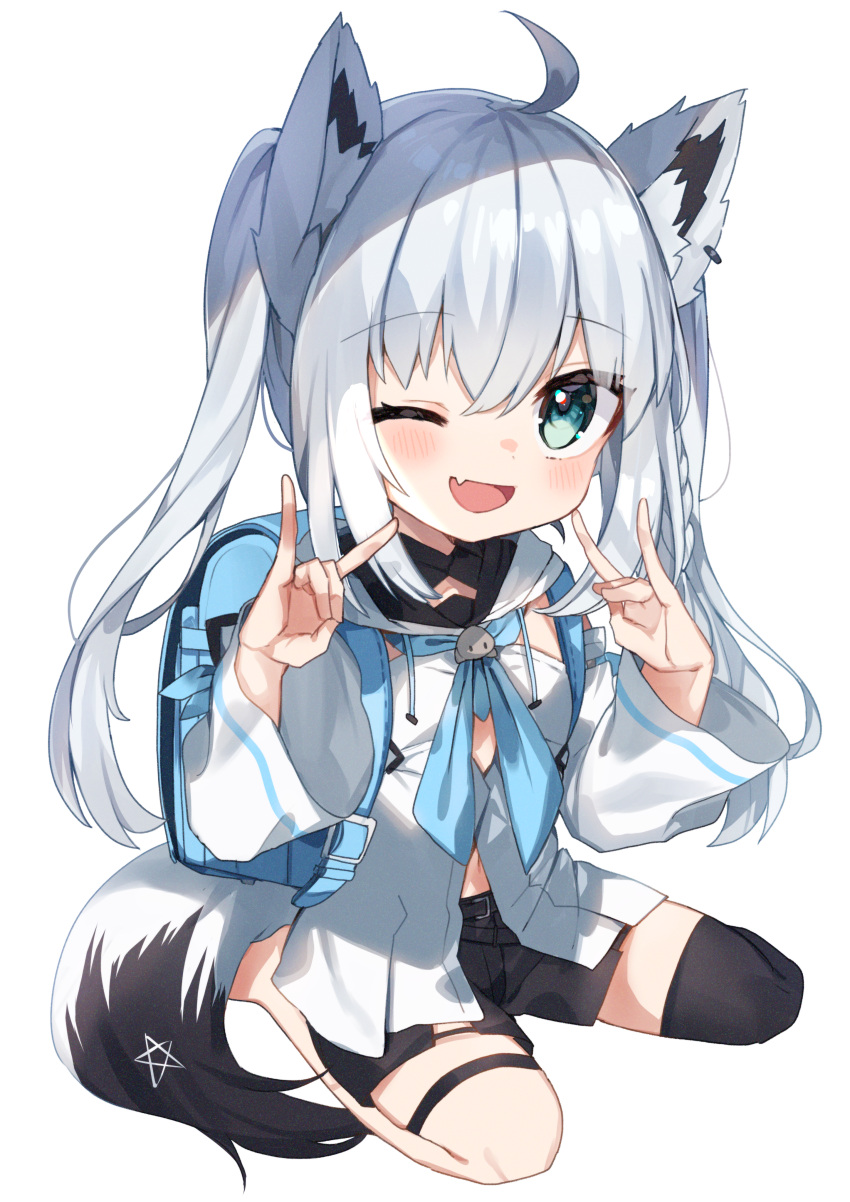1girl ;d \m/ absurdres ahoge animal_ears backpack bag bangs black_legwear black_shorts commentary_request detached_sleeves eyebrows_visible_through_hair fox_ears fox_girl fox_tail grey_eyes hair_between_eyes highres hololive huge_filesize long_hair long_sleeves looking_at_viewer navel noi_mine one_eye_closed open_mouth randoseru shirakami_fubuki shorts sidelocks simple_background smile solo tail thighhighs twintails virtual_youtuber white_background white_hair wide_sleeves younger zettai_ryouiki