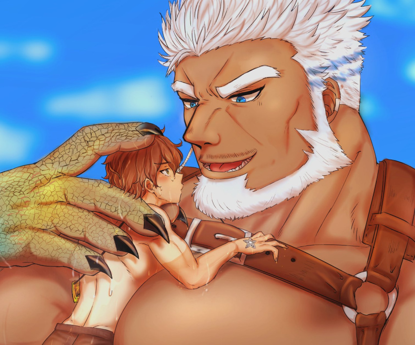 2boys abs aegir_(tokyo_houkago_summoners) aqua_hair bara beard between_pectorals blue_eyes blush chest_harness dark-skinned_male dark_skin earrings eye_contact facial_hair fins fish_boy giant giant_male harness highres hiota_(kuhi_0301) jewelry large_pectorals looking_at_another male_focus master_4_(tokyo_houkago_summoners) mature_male multicolored_hair multiple_boys muscular muscular_male pectorals short_hair single_earring size_difference streaked_hair tokyo_houkago_summoners wet white_hair yaoi