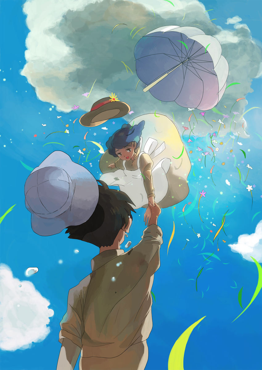 1boy 1girl apron arm_at_side backlighting black_hair blue_sky blurry brown_headwear brown_shirt clothes_lift cloud cloudy_sky collared_shirt couple crying dark_blue_hair day depth_of_field dot_nose dress dress_shirt facing_away flower flower_hat flying_teardrops from_behind from_below grass half-closed_eyes hat hetero highres horikoshi_jirou kaze_tachinu light_particles light_smile long_sleeves looking_at_another looking_down mani_manuka open_mouth orange_flower outdoors outstretched_arm perspective pink_flower puffy_long_sleeves puffy_sleeves purple_flower satomi_naoko shirt sky streaming_tears sun_hat sunlight tears umbrella vanishing_point white_apron white_flower white_headwear wind wind_lift wrist_grab yellow_dress yellow_flower
