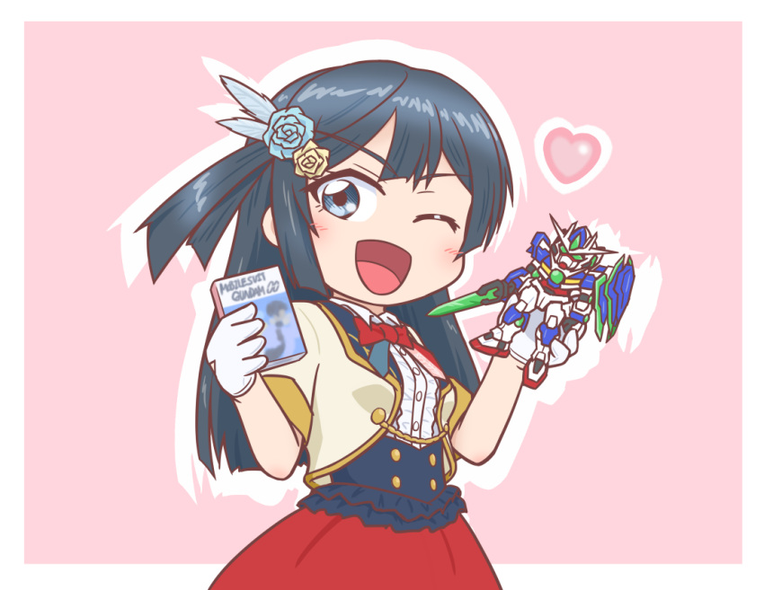 00_qan[t] 1girl bangs black_hair blue_eyes book breasts chibi commentary_request company_connection eyebrows_visible_through_hair flower gloves gundam gundam_00 gundam_00_a_wakening_of_the_trailblazer gunpla hair_flower hair_ornament heart i'll_protect_your_smile!_(love_live!) jacket long_hair love_live! love_live!_nijigasaki_high_school_idol_club model_kit namesake one_eye_closed one_side_up setsuna_f._seiei shiroyama-san short_sleeves sidelocks small_breasts solo sunrise_(company) upper_body white_gloves yuuki_setsuna_(love_live!)