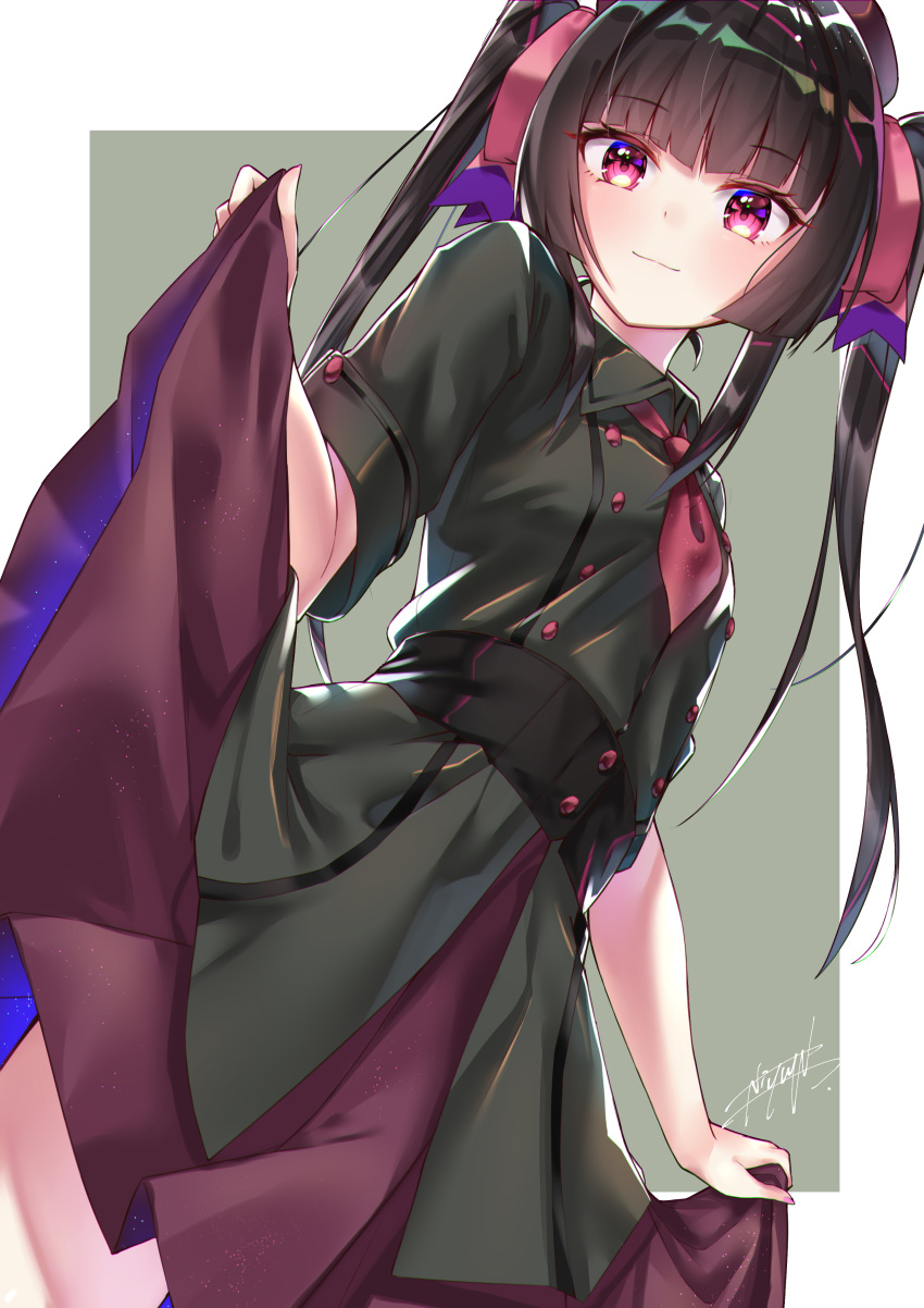 1girl absurdres bangs black_dress black_hair blunt_bangs closed_mouth dress dutch_angle eyebrows_visible_through_hair from_below hair_ribbon highres long_hair looking_at_viewer niyun_(n_niyu) pink_dress pink_ribbon purple_skirt red_eyes ribbon senki_zesshou_symphogear shiny shiny_hair short_sleeves signature skirt skirt_hold skirt_under_dress smile solo standing tsukuyomi_shirabe twintails