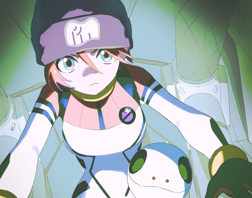 1girl 333takoyaki absurdres amate_yuzuriha beanie black_gloves blue_eyes bodysuit breasts closed_mouth commentary_request gloves gundam gundam_gquuuuuux haro hat highres long_sleeves looking_at_viewer mecha_pilot_suit non-humanoid_robot normal_suit_(gundam) purple_hat red_hair robot short_hair
