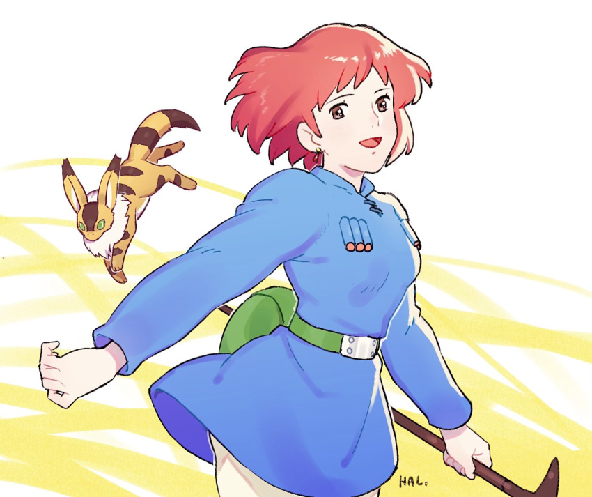 1girl animal arms_at_sides artist_name beige_pants belt blue_tunic breasts brown_eyes brown_hair cartridge earrings eyelashes fanny_pack green_belt happy honoboooono jewelry kaze_no_tani_no_nausicaa looking_at_viewer medium_hair nausicaa pants parted_lips shiny shiny_hair simple_background small_breasts smile solo striped striped_background teto tunic two-tone_background white_background yellow_background