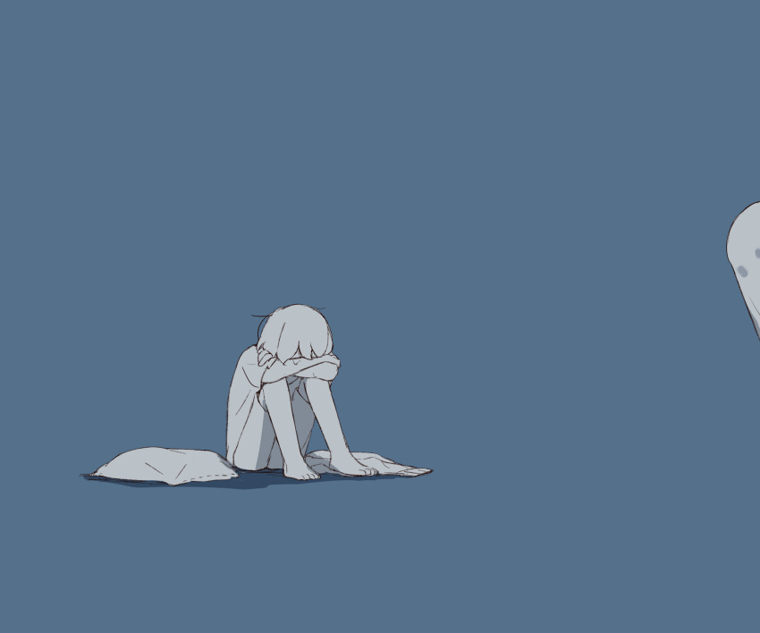 1boy 1other absurdres avogado6 barefoot blue_background blue_theme commentary crying ghost highres holding_blanket monochrome original shirt short_sleeves shorts simple_background sitting tears