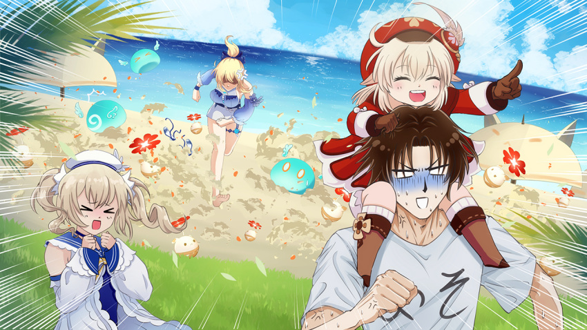 &gt;_&lt; 1boy 3girls :d ^_^ ^o^ anger_vein artist_self-insert barbara_(genshin_impact) barbara_(summertime_sparkle)_(genshin_impact) beach blonde_hair blue_sky blue_swimsuit boots bow braid brown_footwear brown_gloves brown_hair cabbie_hat carrying carrying_person chasing closed_eyes cloud cloudy_sky clover_print coat detached_sleeves fleeing genshin_impact gloves hair_bow hair_ribbon hat hat_feather hat_ornament horizon jean_(genshin_impact) jean_(sea_breeze_dandelion)_(genshin_impact) jumpy_dumpty klee_(genshin_impact) knee_boots kneehighs light_brown_hair multiple_girls ocean open_mouth original pointing ponytail red_coat red_headwear ribbon shirt shoulder_carry sky slime_(genshin_impact) smile sweat swimsuit sylvia_m t-shirt twin_braids twintails white_shirt xd