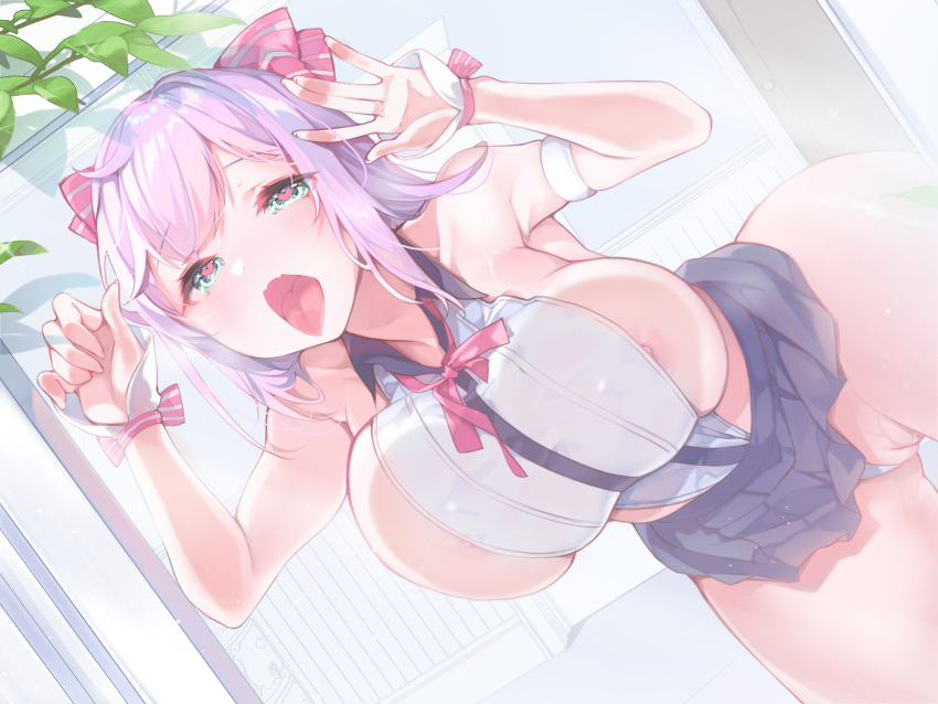 1girl against_fourth_wall against_glass blush breast_press breasts breasts_on_glass green_eyes hand_on_glass heart heart-shaped_pupils highres kanola_u large_breasts licking looking_at_viewer nipple_slip nipples no_bra original pink_hair pussy pussy_juice short_hair solo symbol-shaped_pupils tongue tongue_out