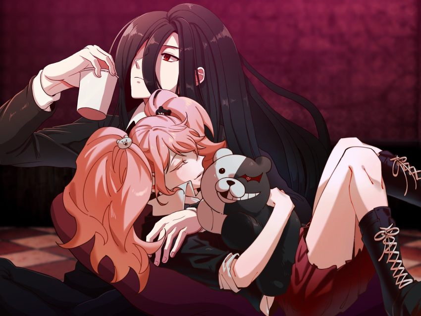 1girl arm_around_shoulder bangs bear_hair_ornament black_footwear black_jacket blonde_hair boots commentary_request cross-laced_footwear cup danganronpa_(series) danganronpa_2:_goodbye_despair enoshima_junko formal frown hair_ornament hand_up highres holding holding_cup jacket kamukura_izuru knee_boots knees_up lace-up_boots long_hair lying miniskirt monokuma necktie on_back red_background red_eyes red_skirt school_uniform shiny shiny_hair skirt sleeves_rolled_up smile stuffed_toy tansug_(tansuk88) twintails