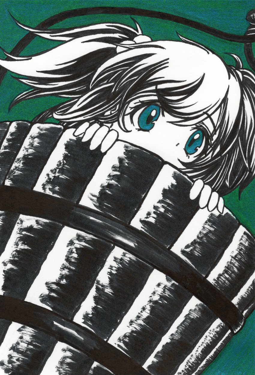 1girl absurdres bucket commentary_request covered_mouth eyebrows_visible_through_hair green_theme hair_bobbles hair_ornament high_contrast highres in_bucket in_container kisume looking_away monochrome peeking_out sek-it short_hair solo touhou traditional_media twintails