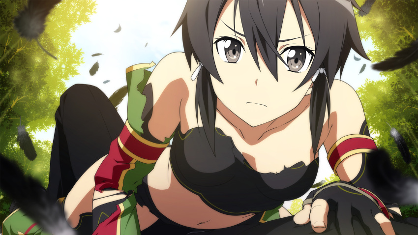 1girl black_eyes black_hair collarbone day detached_sleeves game_cg hair_ribbon highres looking_at_viewer navel official_art outdoors ribbon sinon sinon_(sao:hf) solo source_request sword_art_online sword_art_online:_hollow_fragment torn_clothes white_ribbon