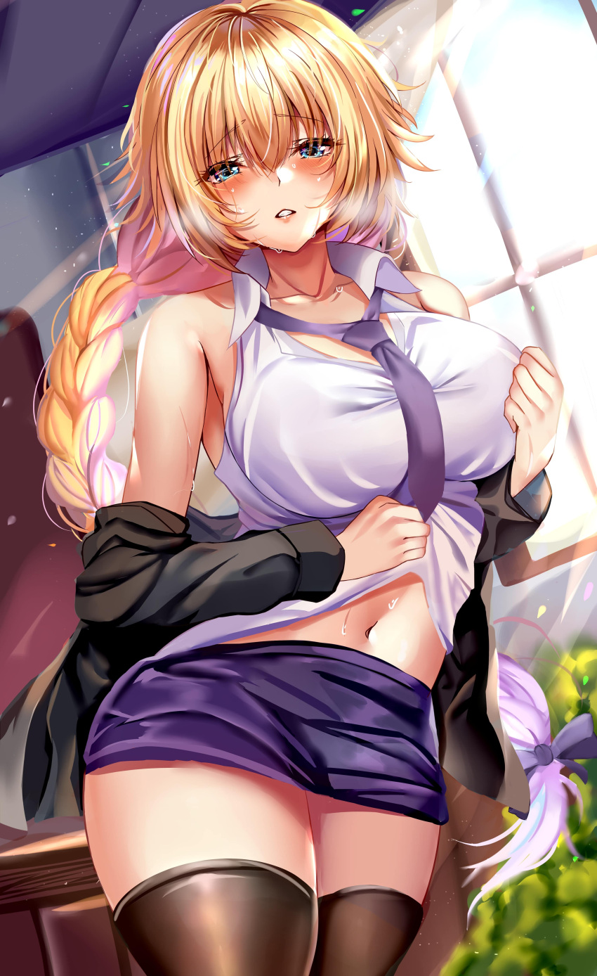 1girl absurdres bangs bare_shoulders black_legwear blonde_hair blue_eyes blush breasts cleavage collarbone contemporary fate/apocrypha fate_(series) highres jeanne_d'arc_(fate) jeanne_d'arc_(fate)_(all) kuro_(tbm9187) large_breasts long_hair long_sleeves looking_at_viewer navel necktie off_shoulder shorts solo thighhighs thighs very_long_hair
