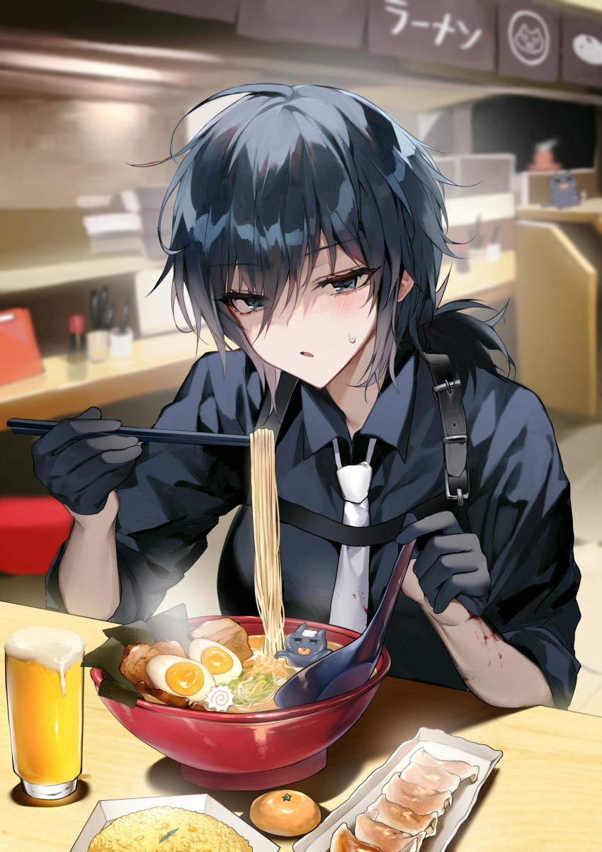 1girl absurdres alcohol bara_(03_bara_) beer black_hair blood blue_eyes blurry blush bowl chopsticks collared_shirt depth_of_field eating eyebrows_visible_through_hair food gloves highres looking_at_viewer loose_necktie necktie noodles open_mouth original ramen shirt spoon sweatdrop tied_hair yokoyama_ishimi