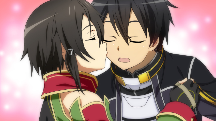 1boy 1girl black_eyes black_hair closed_eyes game_cg hetero highres kirito kiss kissing_cheek official_art sinon sinon_(sao:hf) source_request sword_art_online sword_art_online:_hollow_fragment