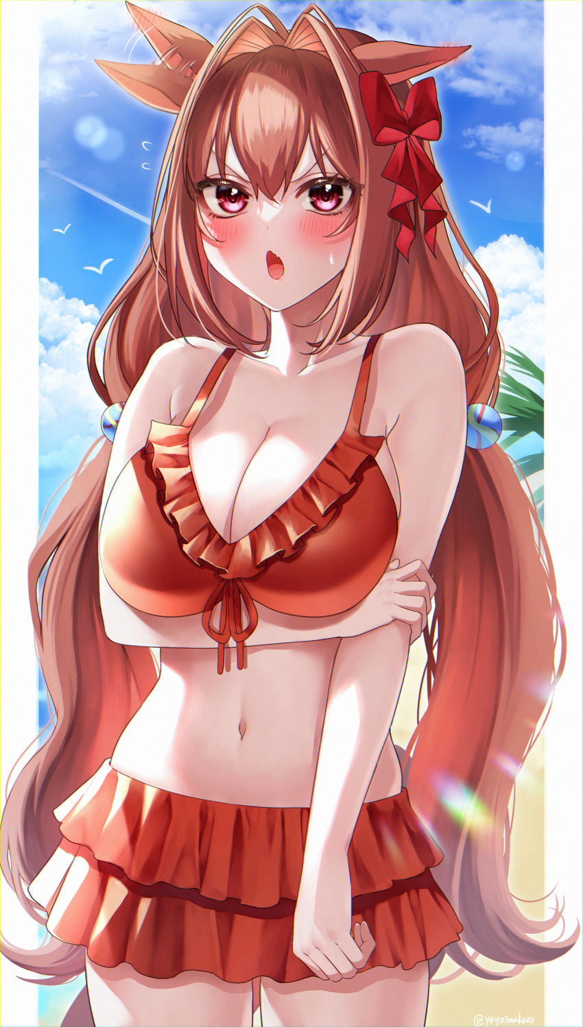 1girl absurdres afterimage animal_ears bangs bare_shoulders beach bikini blush breasts brown_hair cleavage collarbone commentary_request daiwa_scarlet_(umamusume) ear_wiggle fang hair_down highres horse_ears horse_girl large_breasts long_hair looking_at_viewer miniskirt navel official_alternate_costume open_mouth red_bikini red_eyes skirt solo swimsuit thighs umamusume very_long_hair yayoi_maka