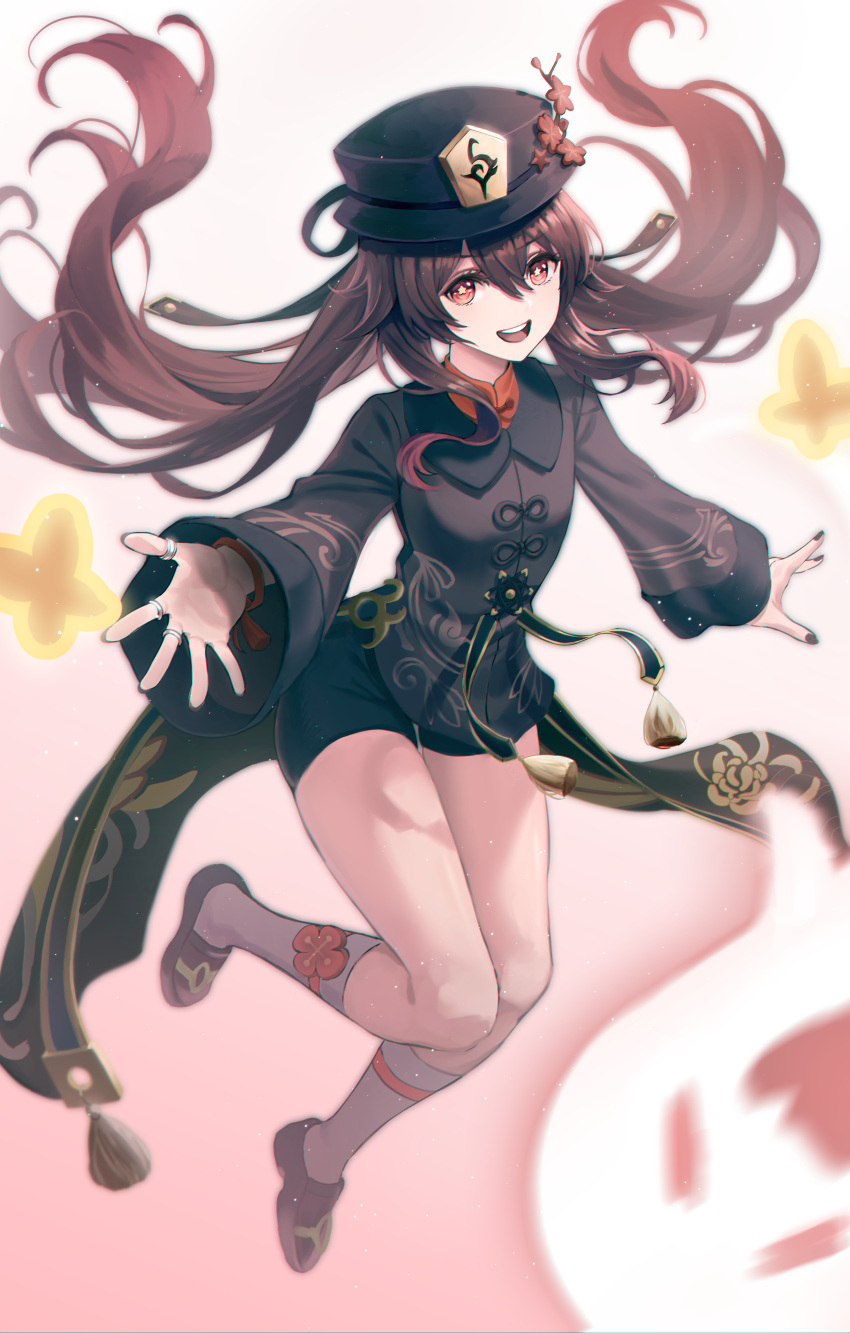 1girl absurdres black_shorts brown_hair eyebrows_visible_through_hair genshin_impact hair_between_eyes hat highres hu_tao_(genshin_impact) jewelry long_sleeves looking_at_viewer multiple_rings open_mouth red_eyes ring shorts smile solo soy_chicken twintails upper_body upper_teeth