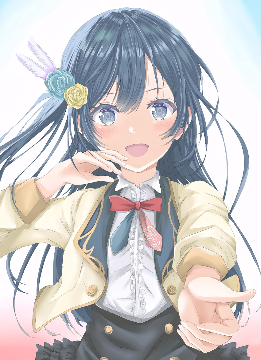 1girl bangs black_hair blazer blush commentary_request eyebrows_visible_through_hair flower grey_eyes hair_flower hair_ornament highres i'll_protect_your_smile!_(love_live!) jacket long_hair long_sleeves looking_at_viewer love_live! love_live!_nijigasaki_high_school_idol_club meimaru one_side_up solo upper_body yuuki_setsuna_(love_live!)