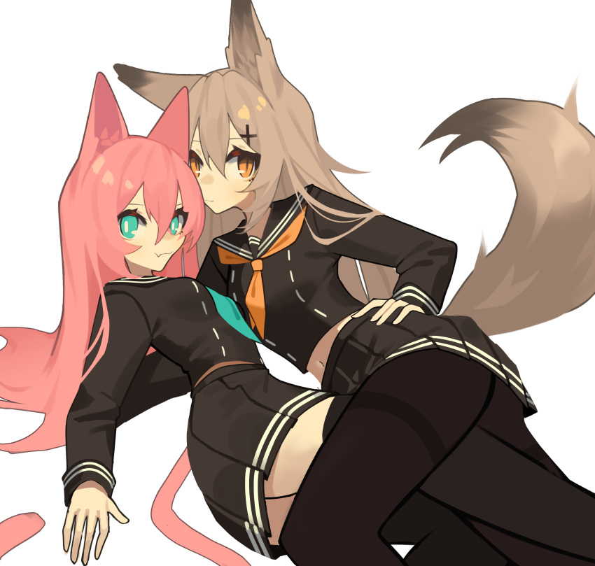 2girls absurdres animal_ears aqua_eyes aqua_neckwear black_legwear black_sailor_collar black_serafuku black_shirt black_skirt cat_ears cat_girl cat_tail dog_ears dog_girl dog_tail english_commentary fang fenrir_(ghost_(tama)) ghost_(tama) hair_ornament hand_on_hip highres long_hair looking_at_viewer lying midriff multiple_girls on_ground on_side orange_eyes orange_neckwear original pantyhose pink_hair pleated_skirt sailor_collar school_uniform serafuku shirt skin_fang skirt smile tail thighband_pantyhose thighhighs very_long_hair x_hair_ornament