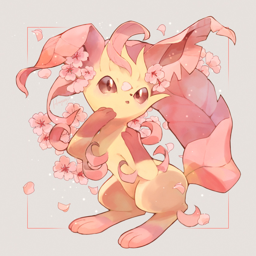 alternate_color blush brown_eyes commentary_request flower framed gen_4_pokemon grey_background highres kikuyoshi_(tracco) leafeon looking_at_viewer no_humans petals pink_flower pokemon pokemon_(creature) toes
