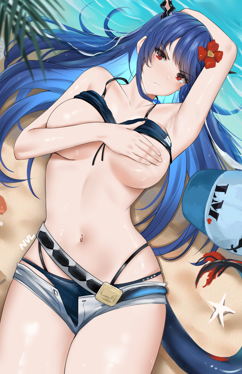 1girl absurdres arknights beach bikini bikini_top_removed bikini_under_clothes blue_hair breast_press breasts ch'en_(arknights) ch'en_the_holungday_(arknights) cleavage covered_nipples denim denim_shorts flower hair_flower hair_ornament hands_over_breasts highres horns huge_filesize looking_at_viewer navel nvl open_fly red_eyes short_shorts shorts swimsuit unbuttoned unzipped
