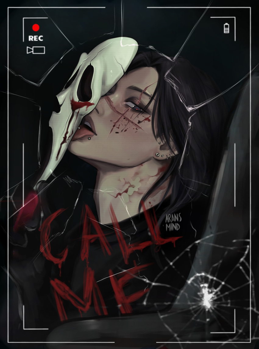 1boy absurdres alternate_costume aransmind artist_name battery_indicator black_background black_gloves black_hair blood blood_on_face blood_on_mask blood_on_neck blurry blurry_foreground choso_(jujutsu_kaisen) cloak cosplay cracked_mask cracked_screen ear_piercing english_text eyebrow_piercing face_piercing ghost_mask ghostface ghostface_(cosplay) gloves highres holding holding_mask hood hooded_cloak ibispaint_(medium) jujutsu_kaisen licking lip_piercing mask mask_on_head medium_hair piercing purple_eyes recording red-eye_effect scar scar_across_eye scar_on_face scar_on_nose smokey_eyeshadow tongue tongue_out viewfinder