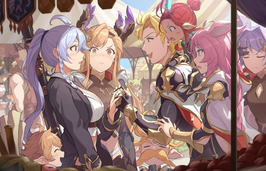 3boys 5girls blonde_hair breasts cape esser frown funf granblue_fantasy headgear hinami_(hinatamizu) jealous large_breasts multiple_boys multiple_girls pink_hair quatre_(granblue_fantasy) red_hair sierokarte siete silva_(granblue_fantasy) song_(granblue_fantasy) uno_(granblue_fantasy)