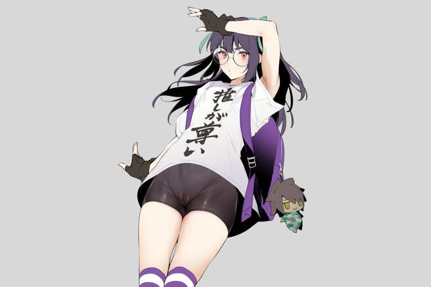 bike_shorts bow cameltoe glasses gloves gray hizuki_akira long_hair purple_hair red_eyes shorts skintight subarashiki_kono_sekai thighhighs twintails usui_nagi