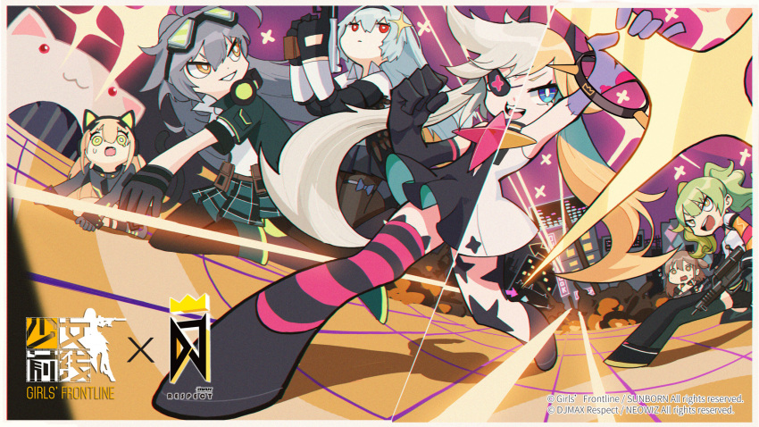 6+girls :3 aek-999_(girls'_frontline) ahoge all_fours animal_ears bangs bare_shoulders black_gloves black_legwear blonde_hair blue_eyes brown_eyes brown_hair building cat_ear_headphones city clear_(dj_max) copyright_name dj_max dress expressionless eyepatch fail_(djmax) fake_animal_ears fake_tail full_body girls'_frontline gloves goggles goggles_on_head green_hair grey_hair gun hair_between_eyes hair_ornament hairband headphones headphones_around_neck highres holding holding_gun holding_weapon jacket jumping k2_(girls'_frontline) kyubey long_hair looking_at_viewer m950a_(girls'_frontline) mahou_shoujo_madoka_magica multiple_girls official_art open_mouth pantyhose parody pleated_skirt red_eyes shirt sidelocks silver_hair skirt smile standing star_(symbol) tail thighhighs third-party_source thunder_(girls'_frontline) tmp_(girls'_frontline) twintails waterkuma weapon white_dress white_shirt yellow_eyes