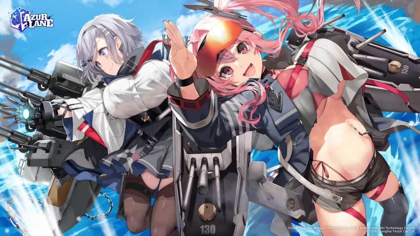 2girls anthropomorphism azur_lane bikini_top bremerton_(azur_lane) clouds gray_hair logo long_hair mechagirl pink_eyes pink_hair purple_eyes reno_(azur_lane) see_through short_hair shorts sky thighhighs twintails water yappen