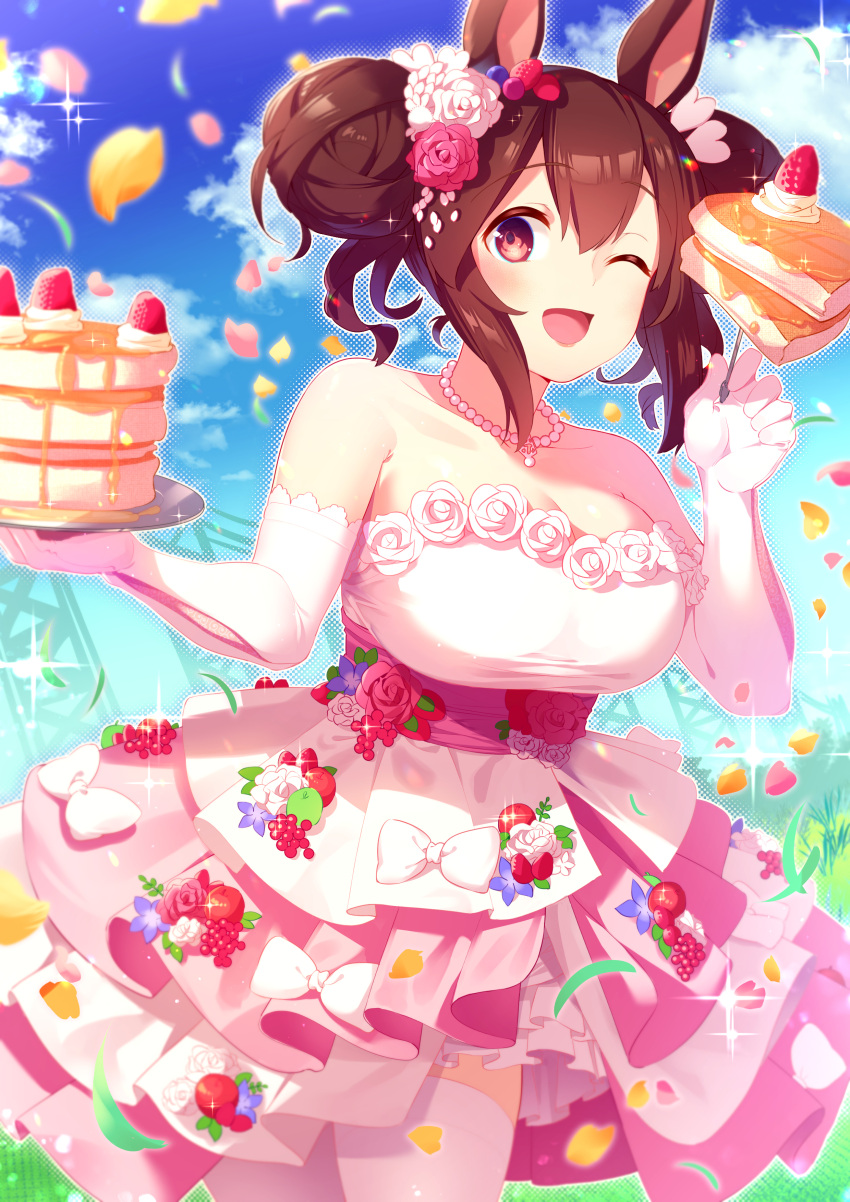 1girl absurdres animal_ears bare_shoulders bow breasts brown_eyes brown_hair cake cake_slice cleavage collarbone crossed_legs diffraction_spikes dithering double_bun dress elbow_gloves eyebrows_visible_through_hair field floral_dress flower food gloves hair_between_eyes hair_flower hair_ornament heart highres hishi_akebono_(umamusume) horse_ears horse_girl jewelry konakona0307 layered_skirt leaning_forward looking_at_viewer necklace one_eye_closed pearl_necklace petals pink_dress pink_gloves pink_legwear sidelocks skirt sky solo strapless strapless_dress suspension_bridge thighhighs umamusume underbust wedding wedding_dress zettai_ryouiki