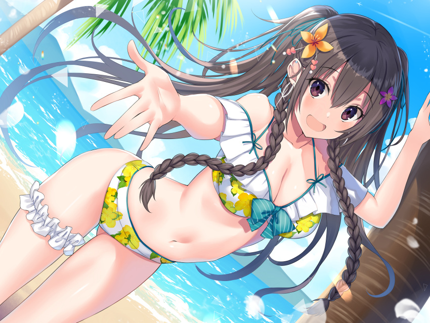 beach bikini bow braids breasts brown_hair cleavage clouds garter kurebayashi_noe long_hair navel original purple_eyes sky swimsuit tree twintails water