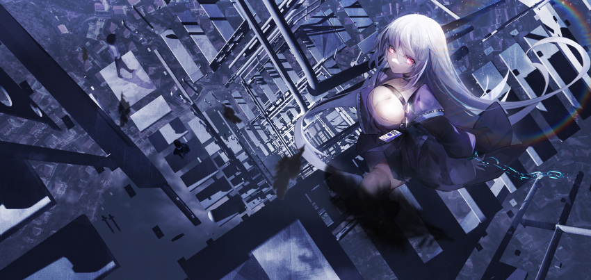 breasts building chain choker city cleavage feathers lifeline long_hair original polychromatic rainbow red_eyes stairs thighhighs white_hair