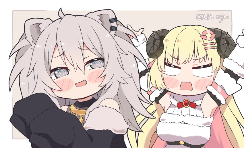 2girls animal_ears blonde_hair blush catgirl close gray_eyes gray_hair hololive horns kukie-nyan long_hair necklace sheepgirl shishiro_botan tsunomaki_watame